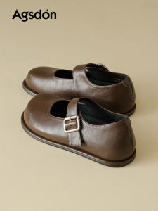 Agsdon Mary Jane Shoes Womens Brown Slip-On Commuter Fashion Single Shoes Autumn Season PU Lined round Toe Flat Heel