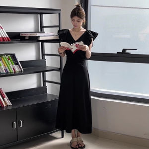 French Hepburn Style Black V-neck Miniature Sleeve Dress Women Summer 2025 New High-end Elegant Long Dress Sweet Japanese Style