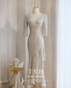 Champagne Color Evening Gown Womens Elegant Fish Tail Skirt High End Luxury Beautiful Unique Lady Annual Conference Hostess Dress