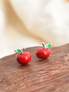 Red Little Apple Stud Earrings Female S925 Sterling Silver Simple All-Matching Graceful Fresh Earrings Earrings Niche Style Christmas Style