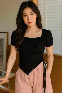 Atasan Wanita Kekinian Tali Serut Crop Top Square neck Korean style