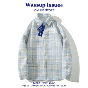 Wassup Issue Mens Long Sleeve Shirt Checkered Color Block Style Autumn Casual Loose Fit Fashionable Youth Pop Linen Polyester