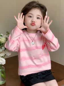 Spring Autumn Childrens Striped Cotton T-Shirt Girls Base Shirt Casual Loose Fit Long Sleeve round Neck Sweat Absorbent