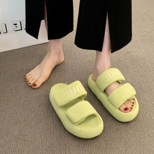 Womens Summer Thick Bottom Bread Slippers Fashionable Slip-On Beach Sandals with Magic Tape Strap PU Lined Anti-Slip Rubber Sole