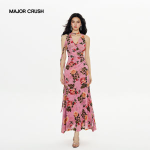 Tea Rose Print V-Neck Romantic Retro Split Holiday Style Dress