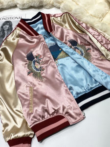 Heavy Embroidery Street Style Baseball Jacket Double-Sided Wear Bright Surface Womens Coat High Street Brand Tiger Crane Embroidery Satin
