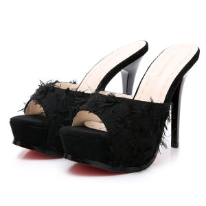 Womens Summer Fish Mouth Toe Open High Heel Waterproof Platform Thin Heel 12cm Outdoor Fashion Tassel Semi-Slipper Sandals