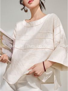 PlumJan | Womens French Style Shirt Loose Hiding Meat Hollow Stripes