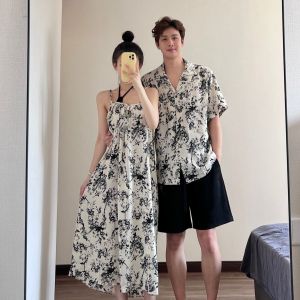 XILANDUO | Couple Matching Summer Ink Printed Asymmetric Strap Maxi Dress