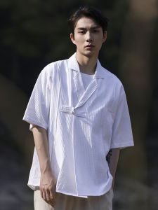 New Chinese Style Tang Costume Mens Retro Linen Shirt Short Sleeve Cotton Linen Button down Collar Zhongshan Suit Casual Shirt