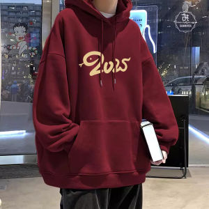 Red Wine Color Hoodie Mens Loose Fit Casual Shirt Snake Year Chinese Zodiac Print No Ironing Required Autumn Winter New Style