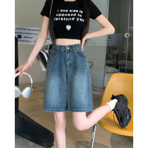 Retro High Waist Loose Fit Five Inch Denim Shorts Women Summer New Style plus Size Wide Leg Straight Cut Trendy Jeans Shorts