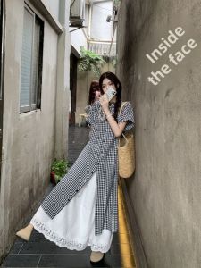 Contrast Color Plaid Shirt Dress for Women New Summer Style Loose Fit Vintage Artistic Long Dress Trendy Fashion
