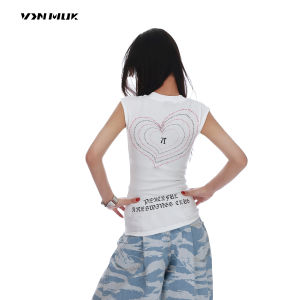 Áo Thun Nữ Dáng Ôm Tay Ngắn Thêu Hình Trái Tim American Heart Shoulder Hot Bé Gái Thời Trang Retro Hip Hop Đa Năng Vinmuk
