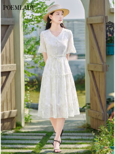 POEMLADY | Floral Lace Waist-Cinching Bell Sleeve Elegant Dress