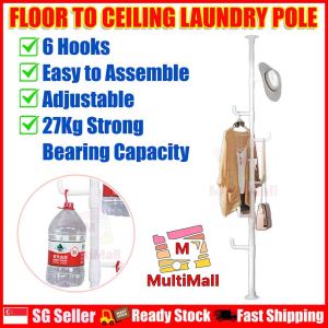 Floor to Ceiling Drying Pole Adjustable Standing Laundry Tension Rod with 6 Hooks Multi-functional Drying Stand for Drying or Hanging Scarfs Hats Caps Towels Clothes Blouses Bags and Coats Suitable in Bedroom Balcony Living Room and Bathroom