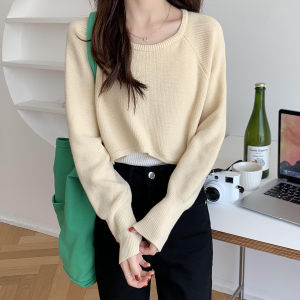 SIS Autumn Irregular Front Short Back Long Loose Pullover Knitted Women Round Neck Long Sleeve Short Top