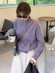 Ladies Purple Stand Collar Knitted Sweater Long Sleeve Autumn Winter Outerwear Comfortable Loose Fit Button Detail Warmth