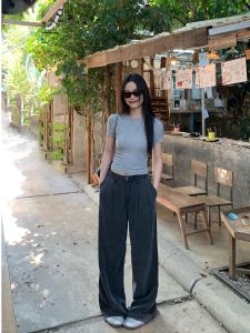 Pusumede Silk Denim Pants Womens Loose Straight Leg Casual Loose Feeling Floor-Length Pants Spring Season Natural Waist