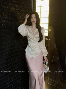 Xzy/Xin Zhengyan Plus Size Ladies Gentle Elegant V Neck Irregular Long Sleeve Tops Female Early Autumn Fishtail Bodycon Dress Suit