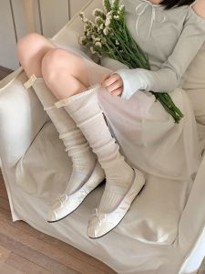 Sweet Butterfly Knot Mesh Breathable Ankle Socks JK Japanese Style Milky White Pure Color Thigh Shaping Cotton Knee High Socks for Women