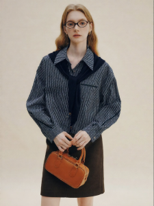 FAMANXUAN | Detachable Knit Pinafore Color Woven Plaid Cotton Long Sleeve Shirt