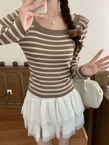 เสื้อยืดแขนสั้นถักคอเหลี่ยมสำหรับผู้หญิง ฤดูใบไม้ร่วง 2025 ดีไซน์ใหม่ เสื้อชั้นในเข้ารูปเอว เสื้อผ้าทำงานสไตล์เกาหลี