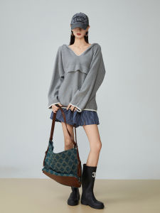 Grey V-Neck Hooded Loose Knit Sweater