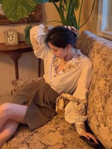 Elegant Embroidered Shirt Hong Kong Style Heavy Work Lantern Sleeve French Vintage Top Trendy Womens Fashion Summer New Arrival