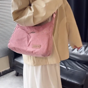 GHS Large Capacity Corduroy Tote Bag Solid Color Adjustable Strap Crossbody Bag Multi-pocket Shoulder Bag Travel Use