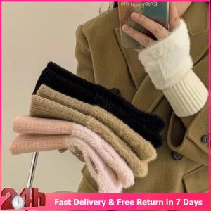Mink Fleece Soft Winter Half Finger Gloves Women Warm Luxury Solid White Plush Knitted Gloves