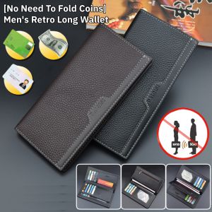 [No Need To Fold Coins] Mens Retro Long Wallet Fashion Card Holder Money Clip Anti-Theft Business Wallets Clutch Bag Purses Coin Pouch