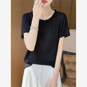Summer Short Sleeve T-Shirt Womens Loose Fit Lightweight Silk Half Sleeve Casual Style round Neck Top for Ladies