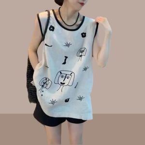 European Goods 2024 Summer New Arrival Fun Graffiti Girl Cotton Linen Vest Skirt Women Leisure Anti-Aging Sleeveless Short Skirt