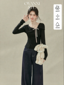 OUYANGXI | Áo Thun Dài Tay Đen Cổ Nơ Dáng Suông và Định Hình Eo