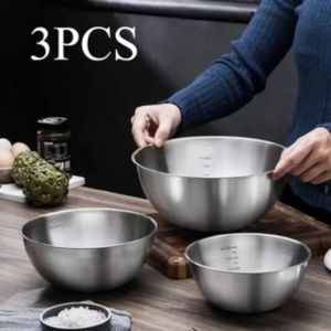3PCS Stainless Steel Mixing Bowl Set - Professional Kitchen Essentials with Measurement Marks - Durable Restaurant