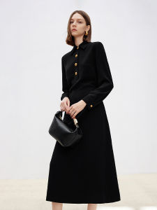Elegant Black Long Shirt Dress Waist-Cinching French Design High-End Feel Commute Style Polyester Fiber A-Line Skirt Dress