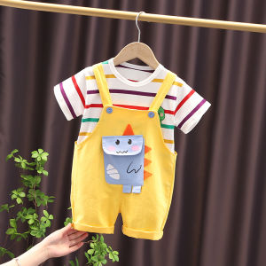 Setelan Anak Laki-laki Dua Potong Kaos Garis Pendek Motif Dinosaurus Kartun Celana Pendek Overall Model Lucu Pakaian Balita Musim Panas Outfit Santai Luar Ruangan Usia 6 Bulan - 5 Tahun