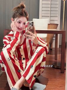 ชุดนอนผู้หญิงแขนยาวลายทางหวานๆ หลวมๆ 2 ชิ้น ชุดนอนฤดูใบไม้ผลิและฤดูใบไม้ร่วง สไตล์เกาหลี ลายการ์ตูนญี่ปุ่น ชุดอยู่บ้าน