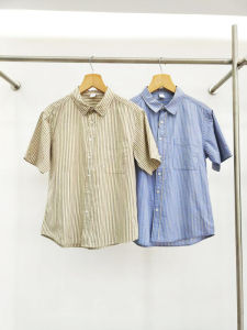 Summer New American High Pure Cotton Washed Breathable Flip Collar Stripe Half Sleeve Loose Short Shirt Mens Fashion Casual