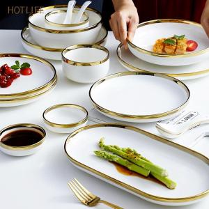 Nordic Style Ceramic Tableware Set Gold Rimmed Light Luxury  Dinner Plate Bowl Oval Fish Plate Soup Spoon