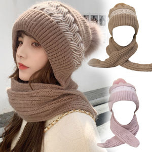 หมวกเครื่องป้องกันผู้หญิงแบบผ้าพันคอสไตล์เกาหลีผ้ากำมะหยี่ถัก หมวกอบอูดูหนา หมวกผ้าพันคอ