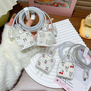 Clear Shining Cherry Butterfly Charger Head Protective Case For iPhone 17 16 Pro Max 18W 20W Charging Cable Protector Cover Kit