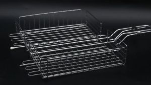 BBQ Grill Mesh Wire Stainless with Wood Handle On Hand Long Rectangle Size Pemanggang Daging Ikan Ayam BBQ