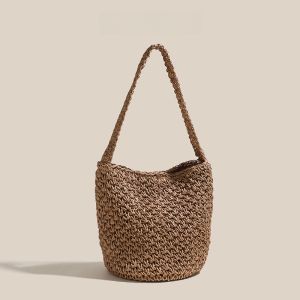 Beach Vacation Straw Woven Bucket Bag Womens Single Shoulder Bag Summer Casual Style Youth Fashion Soft Handle Polyester Lining
