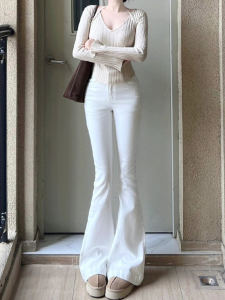 กางเกงยีนส์ทรงขาบานเอวสูงสำหรับผู้หญิง ทรงยาวคลุมเข่า สีขาว ทรงลำลอง ทรงหลวม ฤดูใบไม้ผลิและฤดูร้อน