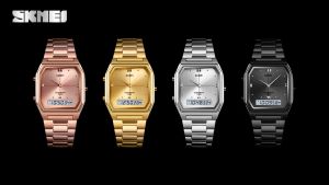 SKMEI นาฬิกาดิจิตอลทรงสี่เหลี่ยม - คลาสสิกวินเทจสบายๆ แฟชั่นจอแสดงผลคู่สแตนเลส นาฬิกาข้อมือ กับน้ำผู้หญิงของ 1612