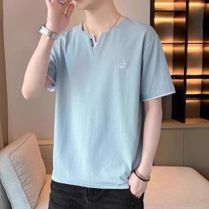 ROMON | Romon Mens Slim Fit V-Neck Short Sleeve T-Shirt Ice Silk Lightweight Casual Versatile Summer Breathable Pure Color Top