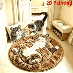 VIKAMA Cute Lazy Cat Round Rug 3D Visual Kitten Carpet Non Slip Fluffy Floor Mat For Bedroom Dorm Aesthetic Home Decor