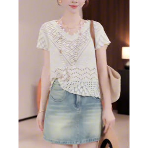 Shalldoer | Retro Hong Kong Style Knitted Short Sleeve Lace Hook Thin Ladies Summer Unique Beautiful Single Wear Loose Fit Round Neck Top